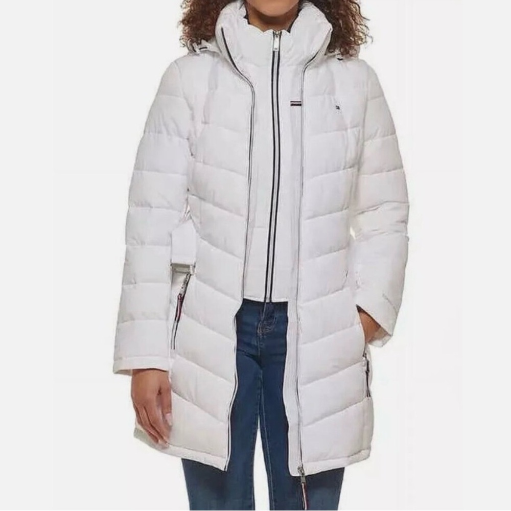 Tommy Hilfiger Womens Essential White Belted Puffer Jacket Size XS NWT